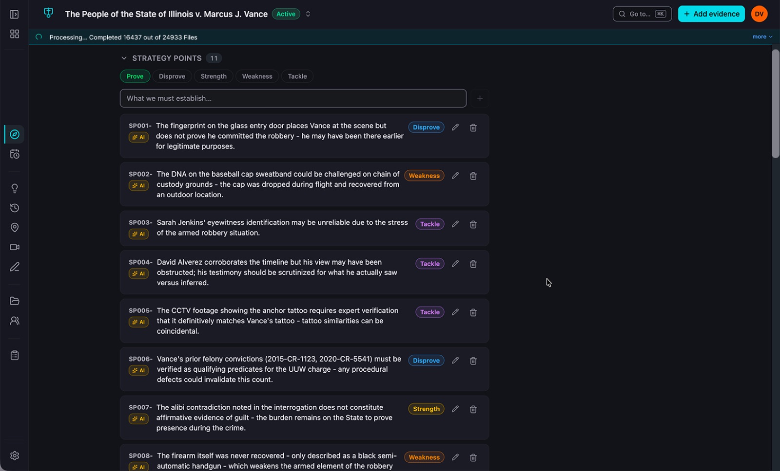 Alarion platform: case strategy points, each tagged to prove, disprove, tackle, or as a strength or weakness