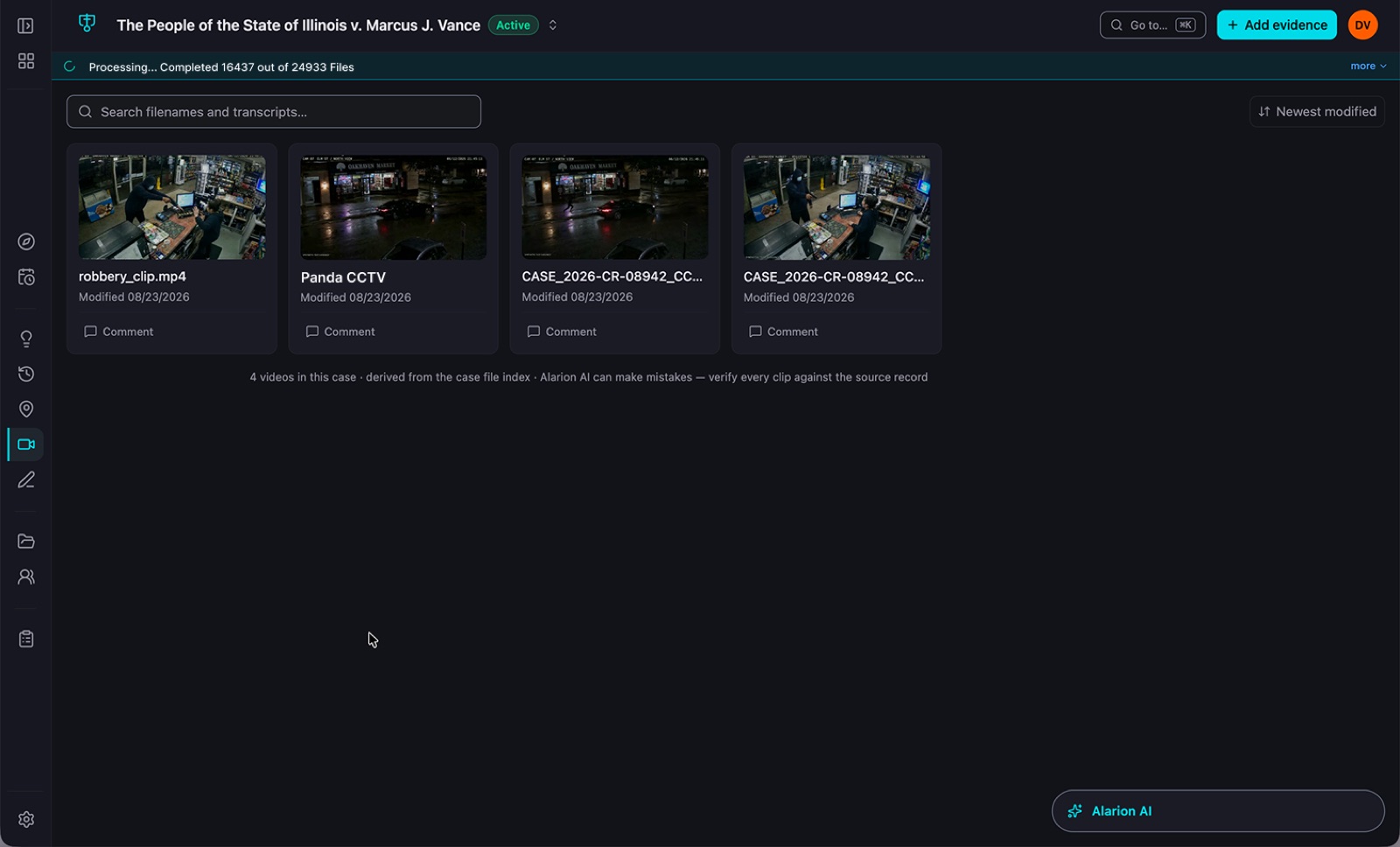 Alarion platform: video review, showing the case's clips with transcripts searchable by filename